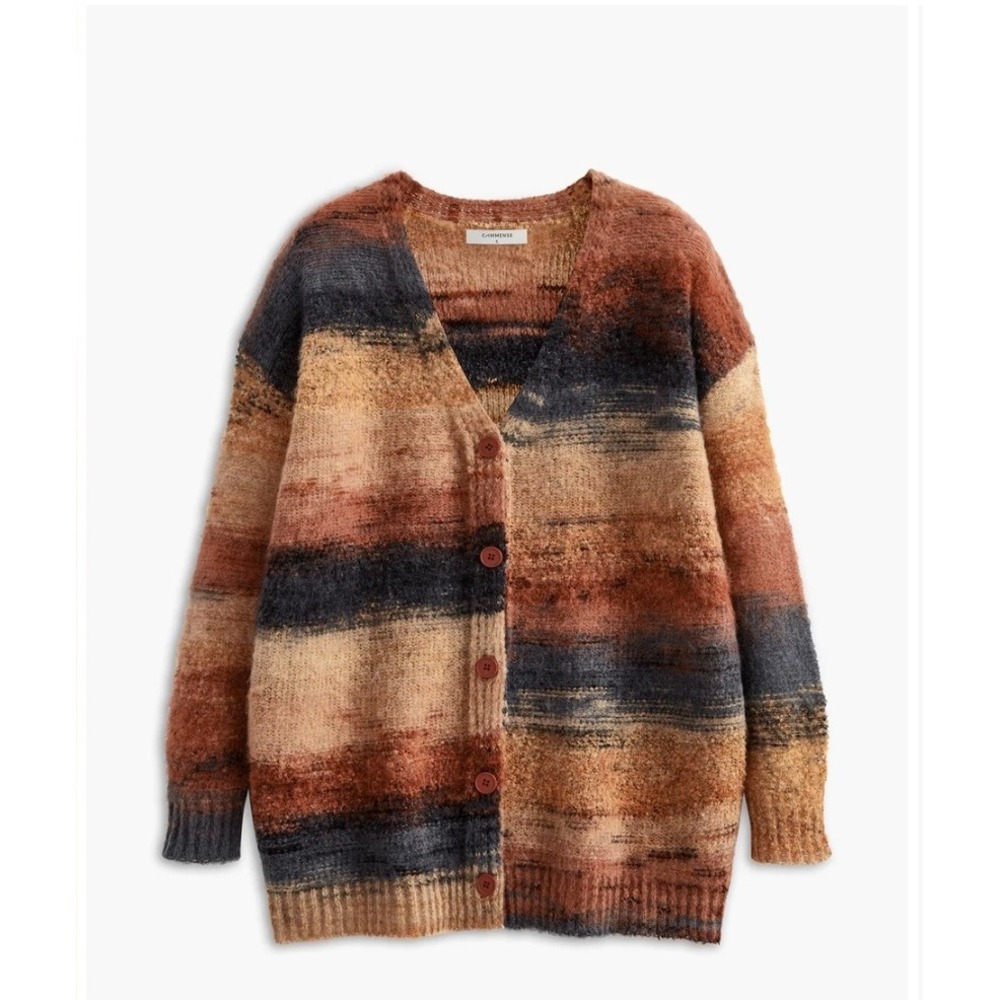 Commense Southwestern Bohemian Y2K Cardigan Sweater Chunky‎ Stripes Retro Size L